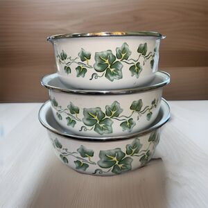 Lincoware 3 Piece Ivy pattern Enamel Round Nesting Bowl Set Vintage 80's No Lids